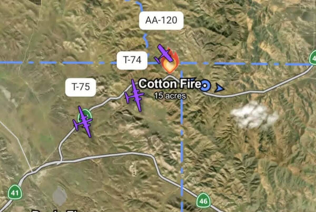 A Watch Duty map showed the Cotton Fire burning near Highway 41 in the Cholame Hills area near the San Luis Obispo-Kern county line on the afternoon of June 7, 2026. Multiple air tankers and fixed-wing aircraft responded to the vegetation fire.