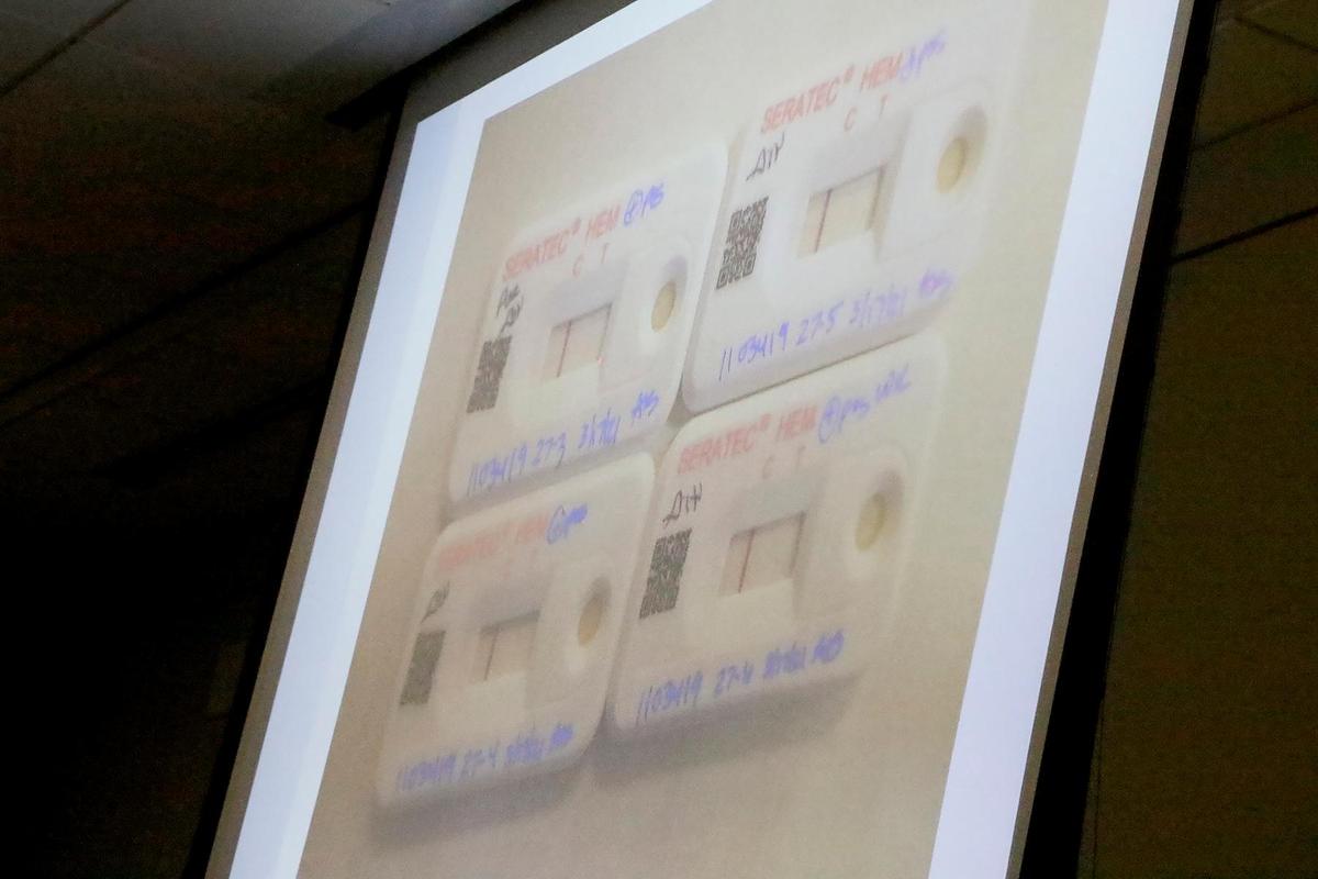 A slide projector displays the test card used by forensic DNA analyst Angela Butler to test blood samples in Monterey County Superior Court in Salinas on Monday, Sept. 19, 2022, during the Kristin Smart murder trial.