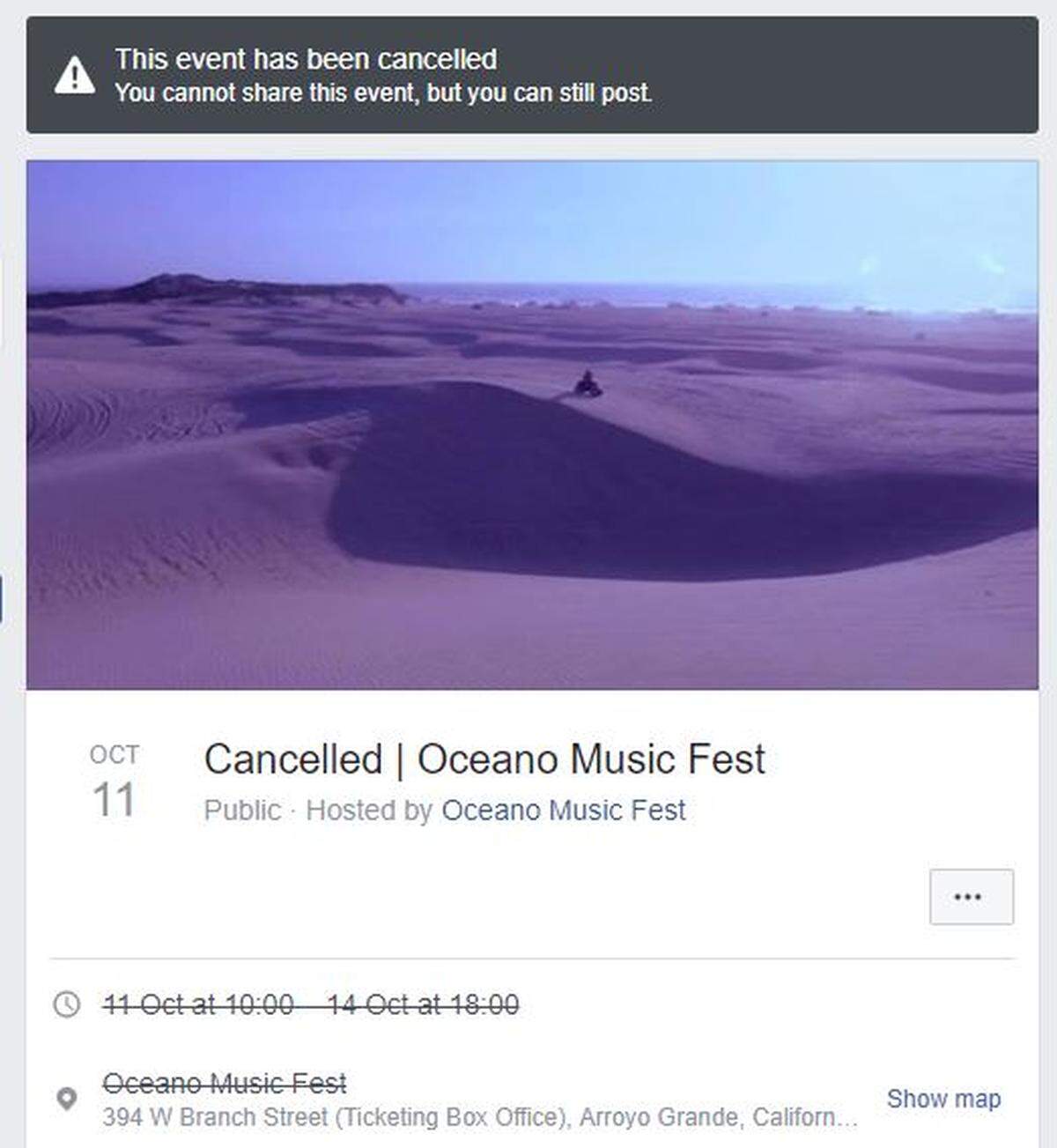 Promoters of the Oceano Music Fest announced on Facebook that the event is canceled.