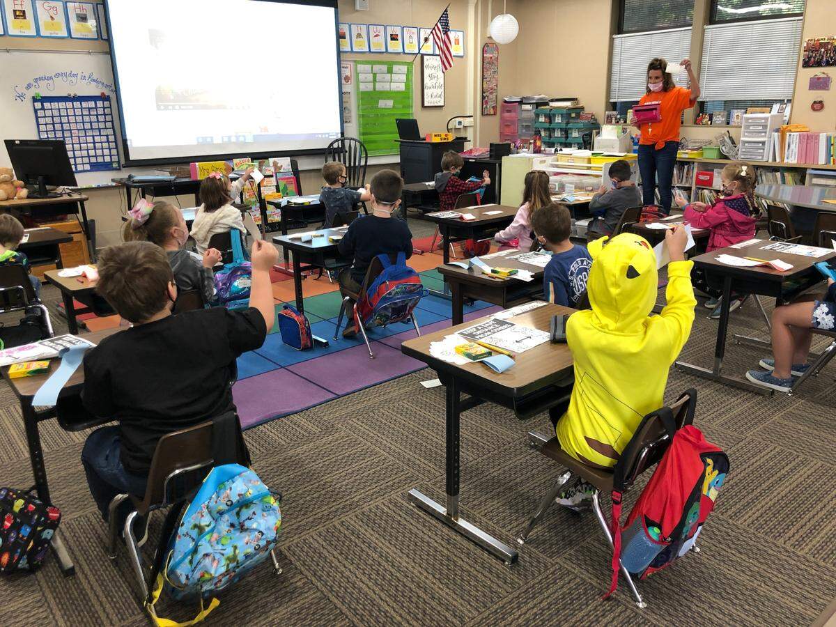 Tiffany Sims, a kindergarten teacher at San Benito Road Elementary School in Atascadero, said she’s happy to have students back in the classroom again for the first time since March. Atascadero Unified School District welcomed some transitional kindergarten through second grade students back into classrooms on Monday, Nov. 2.