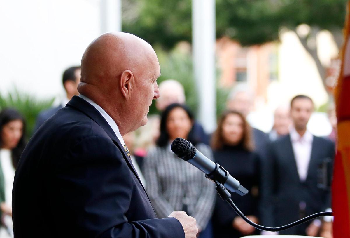 The new Katcho Achadjian Government Center sign was unveiled in a ceremony Friday, Oct. 20, 2023, in front of the former San Luis Obispo County Government Center. SLO County Supervisor John Peschong emceed the festivities.