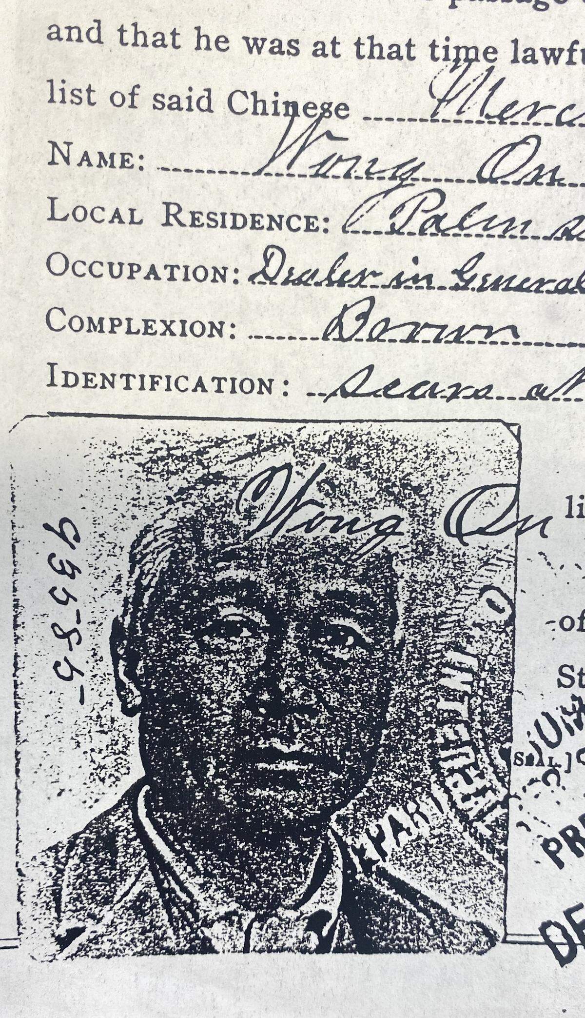 Detail from a copy of a Certificate of Residence from 1895 for Wong On, the given name of Ah Louis. The copy is part of the Cal Poly Kennedy Library Special Collections.
