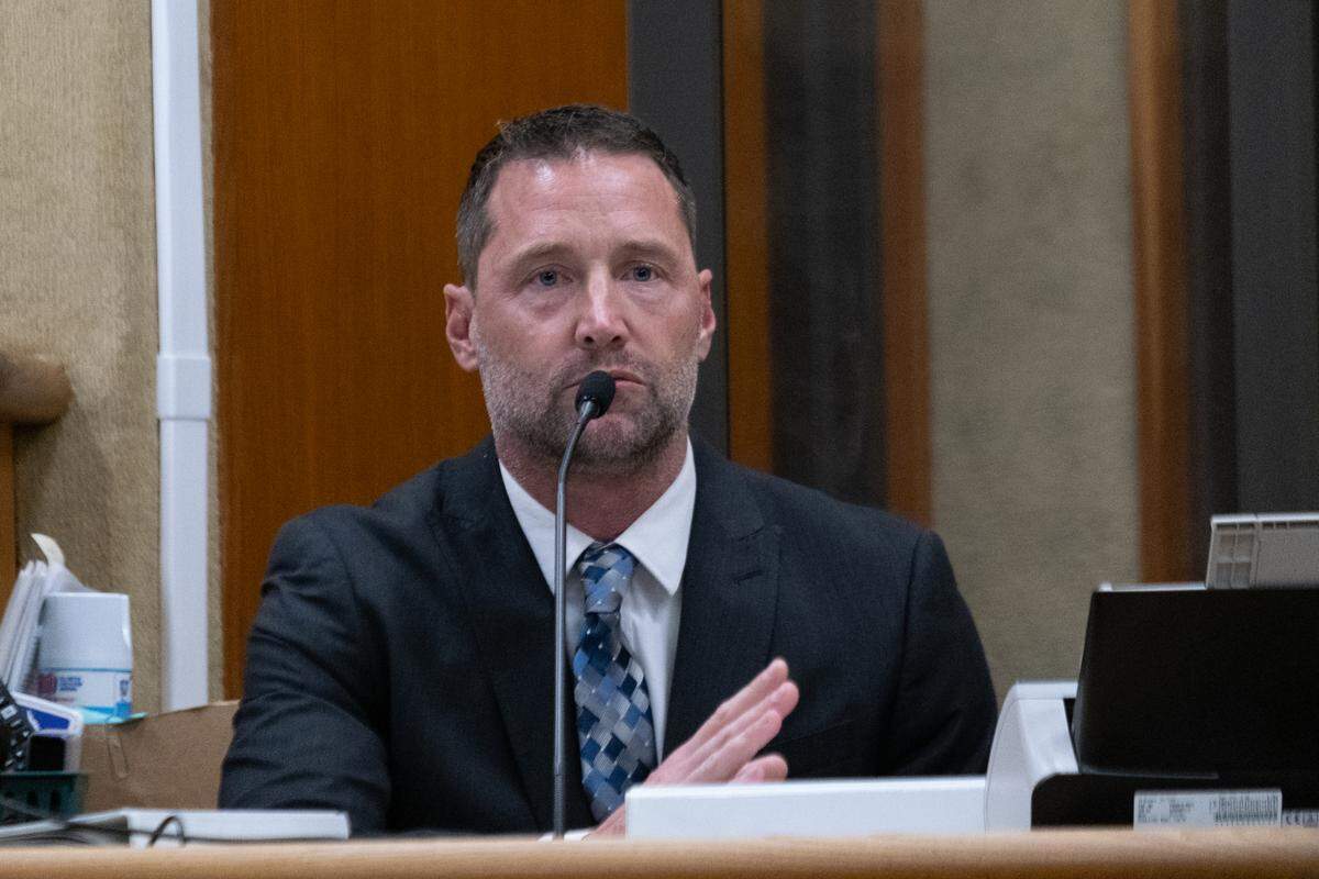 San Luis Obispo Police Department Det. Jeffrey Koznek testifies during former probation officer Fallyn Rollins’ mental health diversion determination hearing in San Luis Obispo Superior Court on July 15, 2025. Rollins is accused of embezzling at least $160,000 from the probation department union.