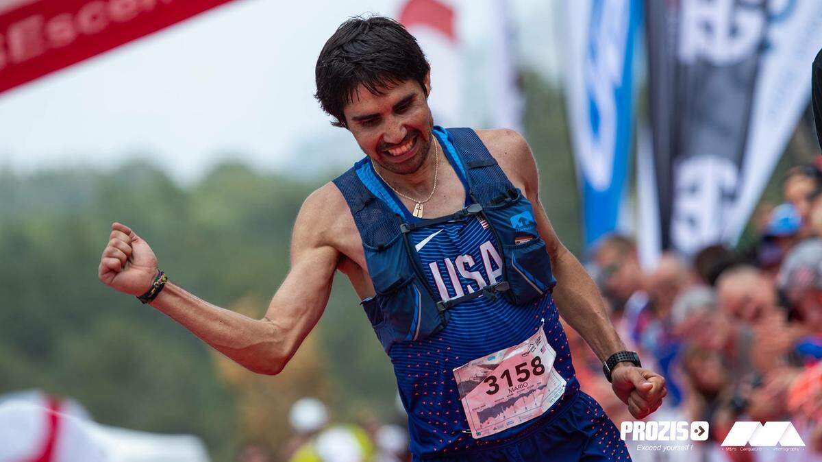 Mario Mendoza celebrates finishing sixth out of 263 runners in the 55-mile IAU “Trail World Championships” in Spain on May 12, 2018. He was the top U.S. finisher for the second straight year.
