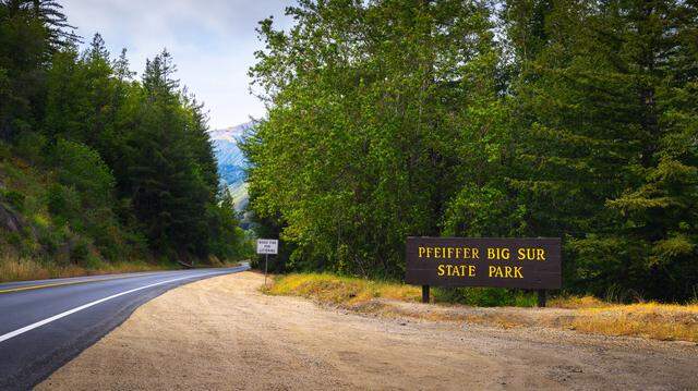 Welcome sign at the entrance to Pfeiffer Big Sur State Park along Highway 1.