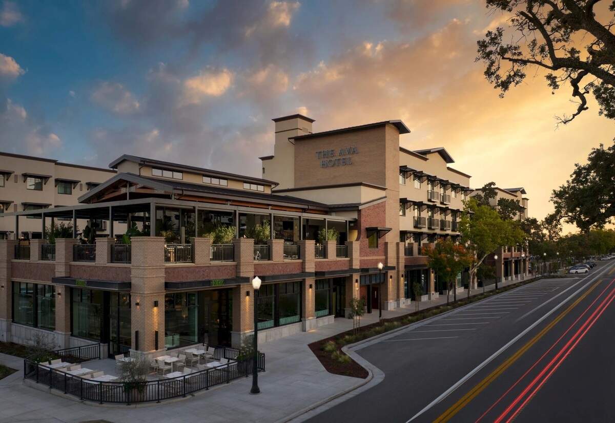 The Ava Hotel occupies a prominent corner in downtown Paso Robles, bringing together guest rooms, restaurants, rooftop dining and public gathering spaces in one property.