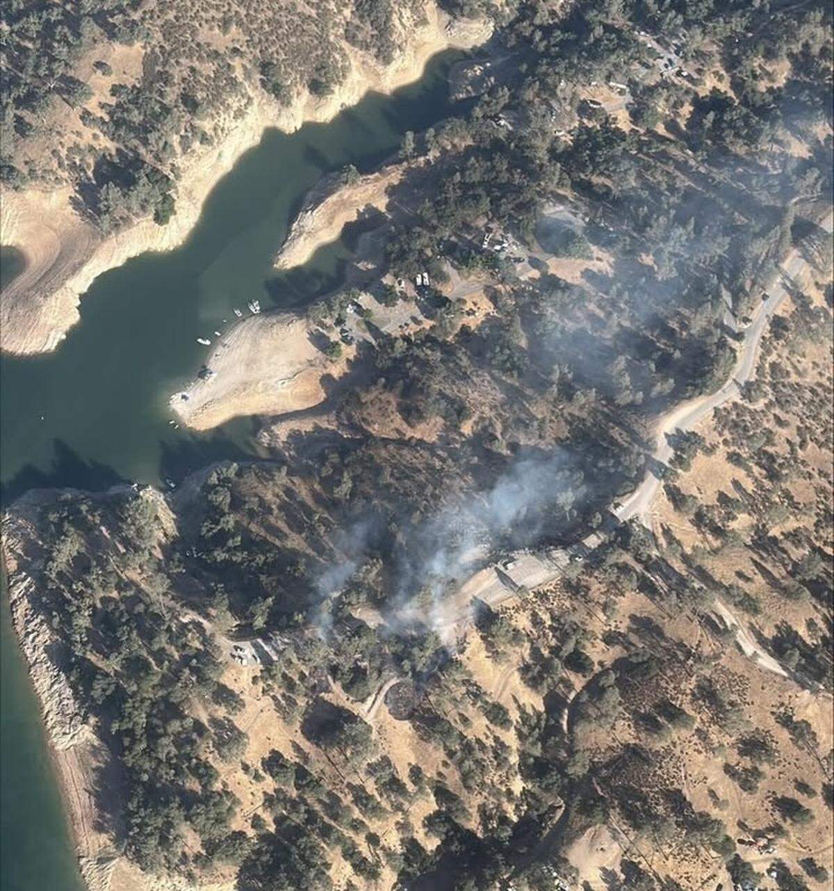 An overhead shot of the smoke from the vegetation fire near Lake Nacimiento.