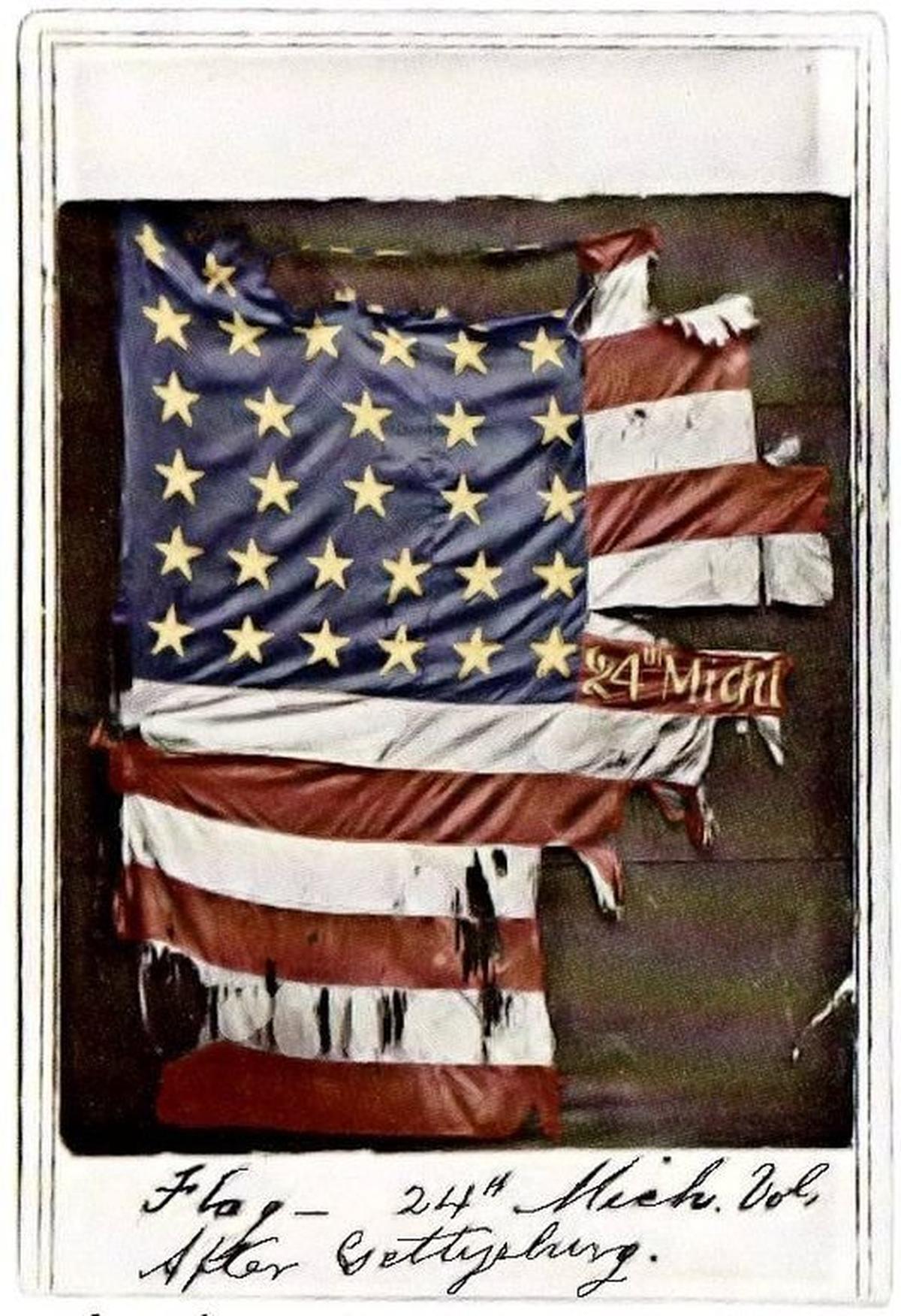 Battle flags were key points to organize a fighting unit during the Civil War. The man holding the flag was the focus of enemy fire and nine died during this battle carrying the flag. The 24th Michigan, part of the Iron Brigade, that held a critical portion of the Union line at the first day of the three day battle of Gettysburg.