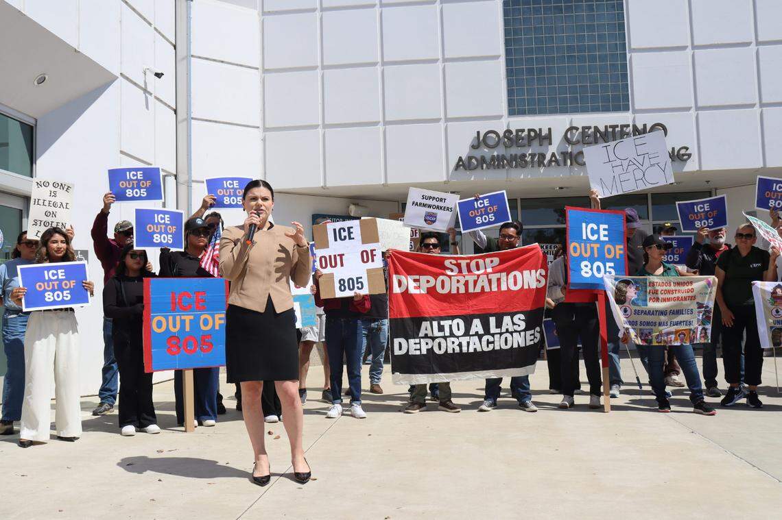 Maria Salguero, a senior attorney at the Santa Barbara Immigrant Legal Defense Center, spoke at a news conference in Santa Maria on June 12, 2025, organized by Central Coast immigrant advocacy organizations after ICE arrested at least 40 undocumented farmworkers in Santa Barbara and Ventura Counties earlier that week. Many community members showed up in support of immigrant rights.