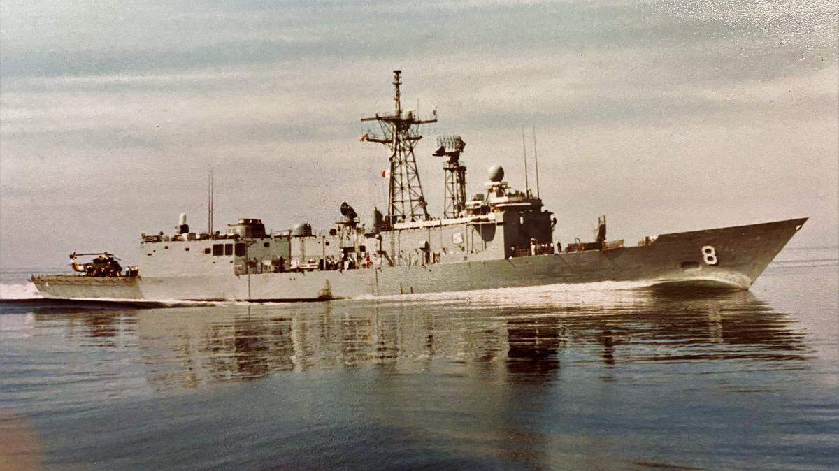 PG&E meteorologist John Lindsey took this photo of the USS FGG 8 McInerney in the Persian Gulf, from the fight deck of the USS FGG 15 Estocin.