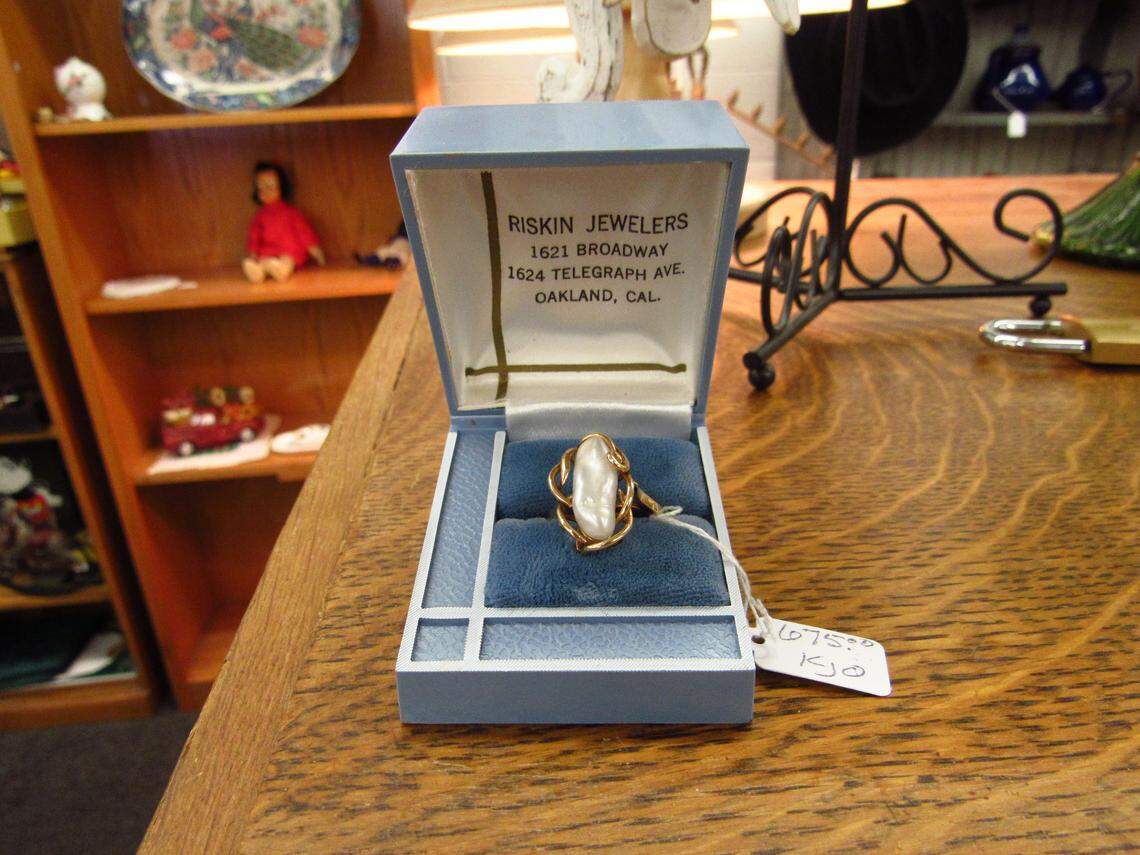 A vintage 14-karat gold ring with a large pearl sells for $675 at Monterey Street Vintage & Antiques.