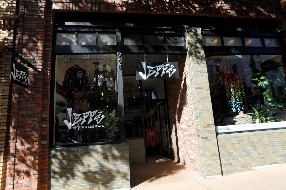 Storefront of Jeff’s on Monterey Street in San Luis Obispo. Vintage shops in downtown SLO buy and sell high-quality secondhand clothing and accessories.