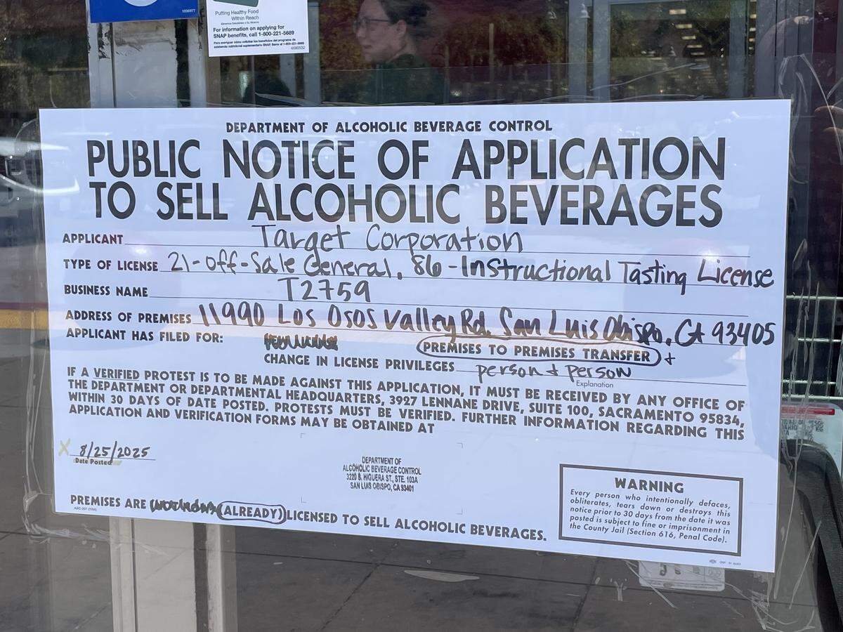 Target in San Luis Obispo has applied for two new alcohol licenses from the state Alcoholic Beverage Control department to be able to sell beer, wine and distilled spirits and to allow tastings of those products on-site.
