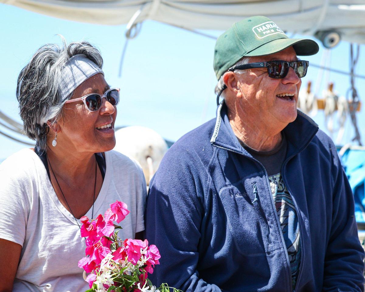 Margie and Larry Linder were greeted by family and friends They arrived at Morro Bay harbor after completing 8+ years circumnavigation on their 32-foot sailboat, Aletha. Sept., 6, 2023.