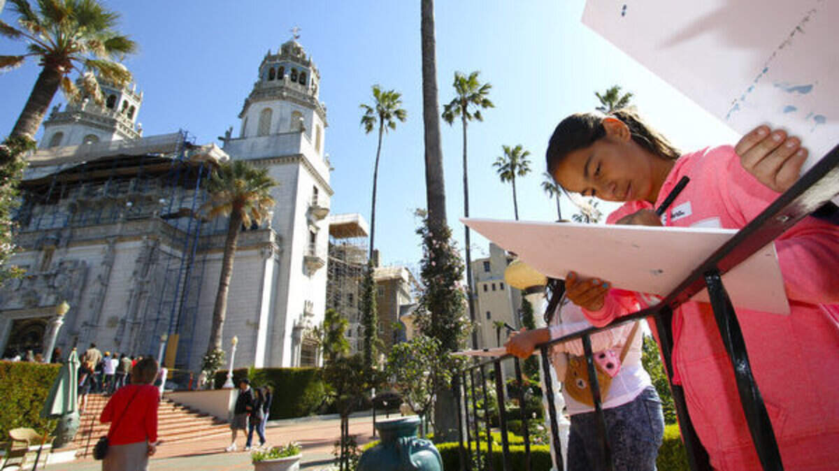 Jiana Jaeger, 12, works on a drawing of a statue at Hearst Castle on Thursday, April 2.