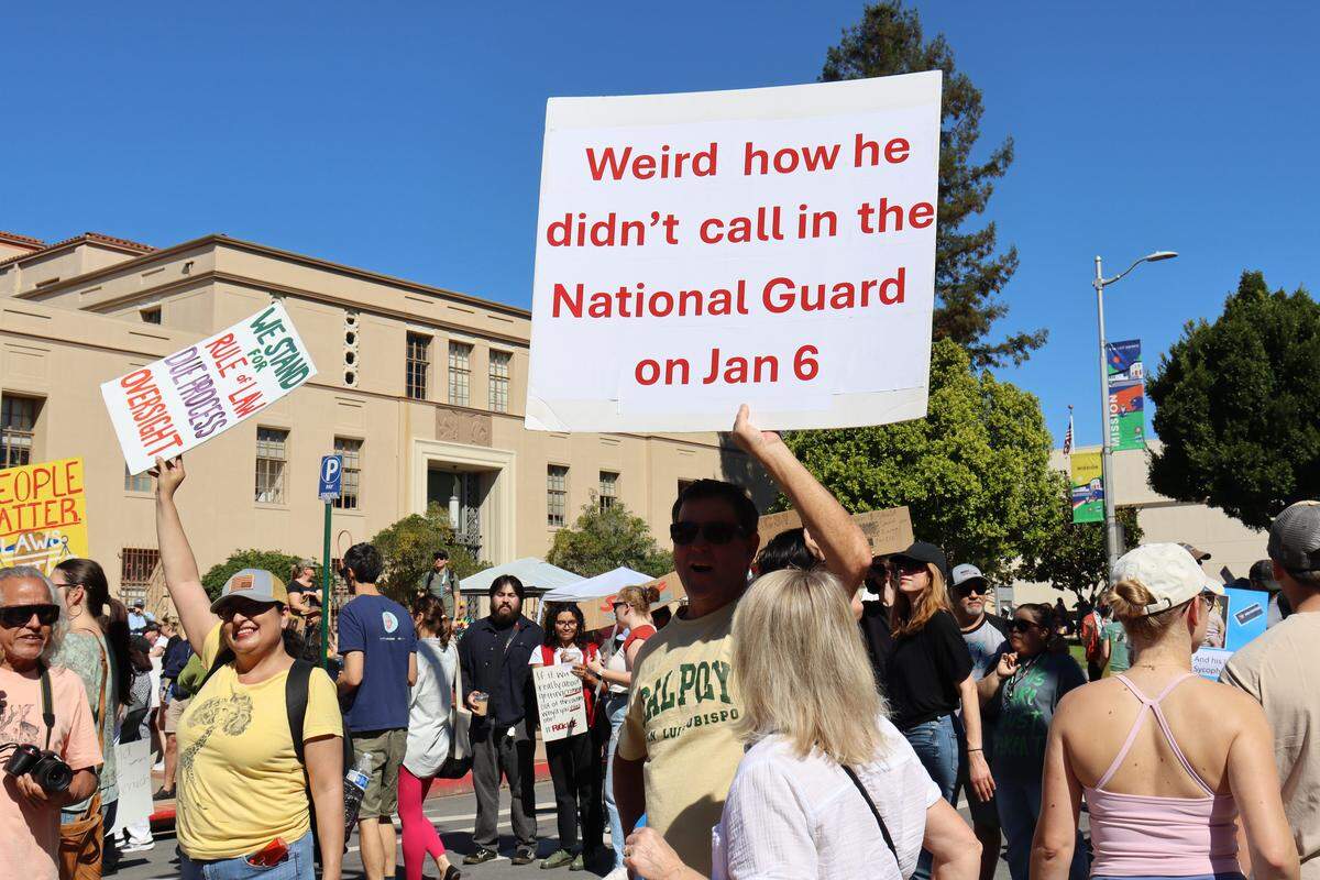 Thousands of people attended the No Kings rally in downtown San Luis Obispo to protest the Trump administration and support Prop. 50 on Oct. 18, 2025.