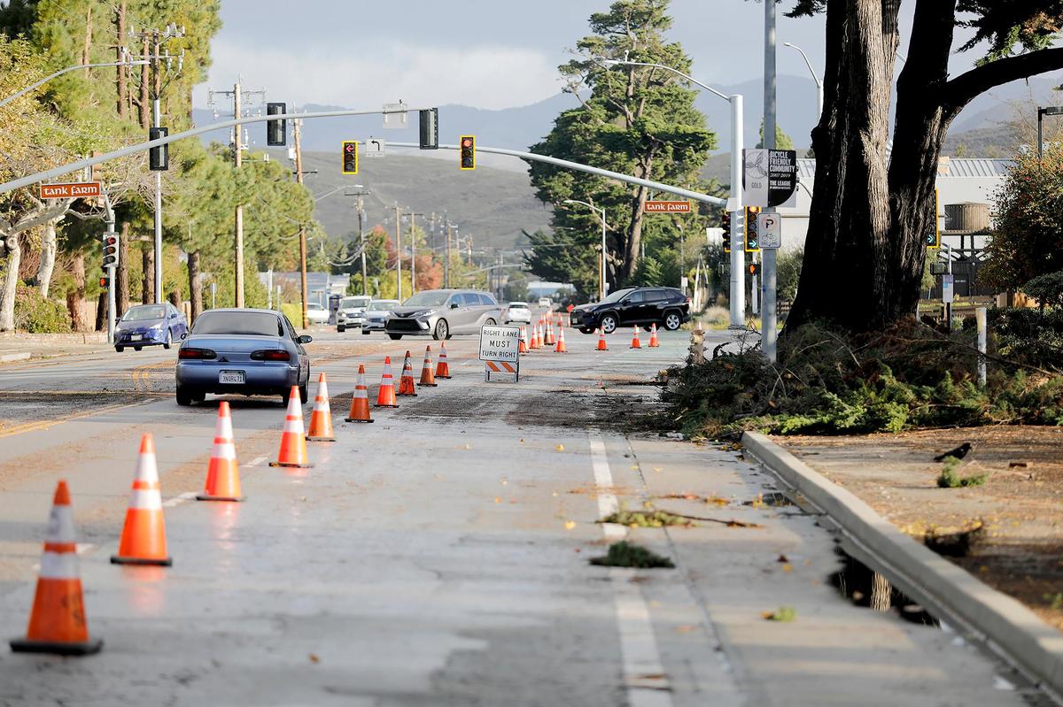 A powerful storm brought wind and rain to San Luis Obispo County Saturday, Dec 10. 2022. South Higuera Street at Tank Farm Road had a few downed trees overnight.