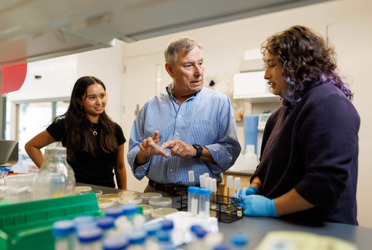 Cal Poly professor emeritus Raul Cano, center, meets with students, from left, Safiya Rufino and Kaitlyn Calligan in a university lab where the students conduct research on prehistoric bacteria, led by Cal Poly biochemistry Professor Katharine Watts and postdoctoral fellow Rachel Johnson.