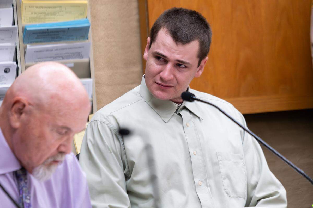 Zachary Bernal, 31, cries as he listens to family members of José Gutiérrez, the 11-year-old boy he killed while driving under the influence of fentanyl, speak during his sentencing hearing in San Luis Obispo Superior Court on June 25, 2024.