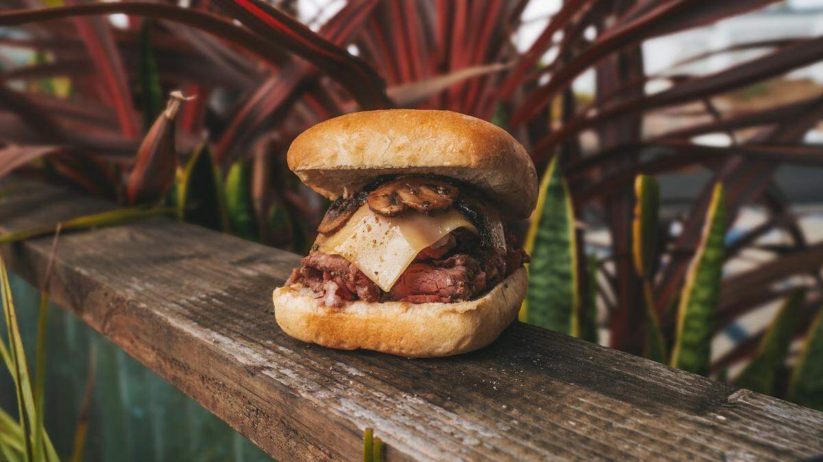 Brook Burgers uses the sous vide method to cook its tri tip over the course of eight hours. The sandwich is layered with thinly sliced tri tip, caramelized onions, sautéed mushrooms and creamy Havarti cheese on a ciabatta roll.