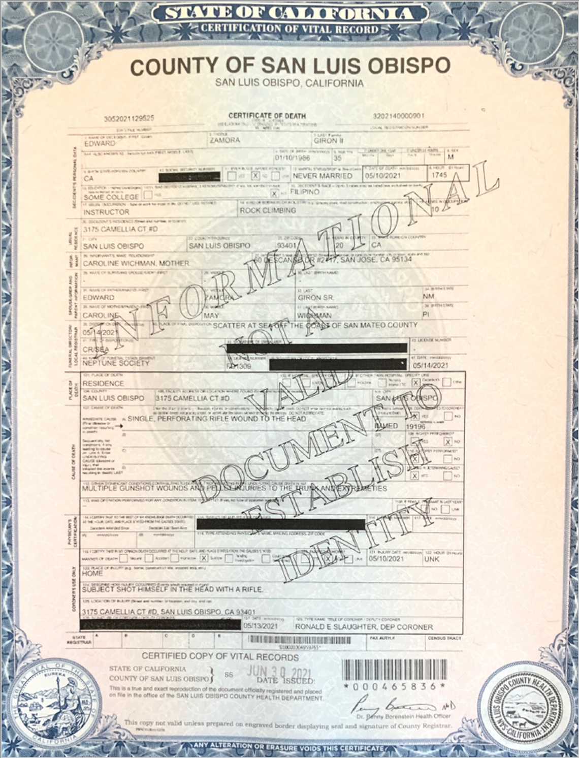 An informational copy of the death certificate for Edward Giron says Giron “shot himself in the head with a rifle.”
