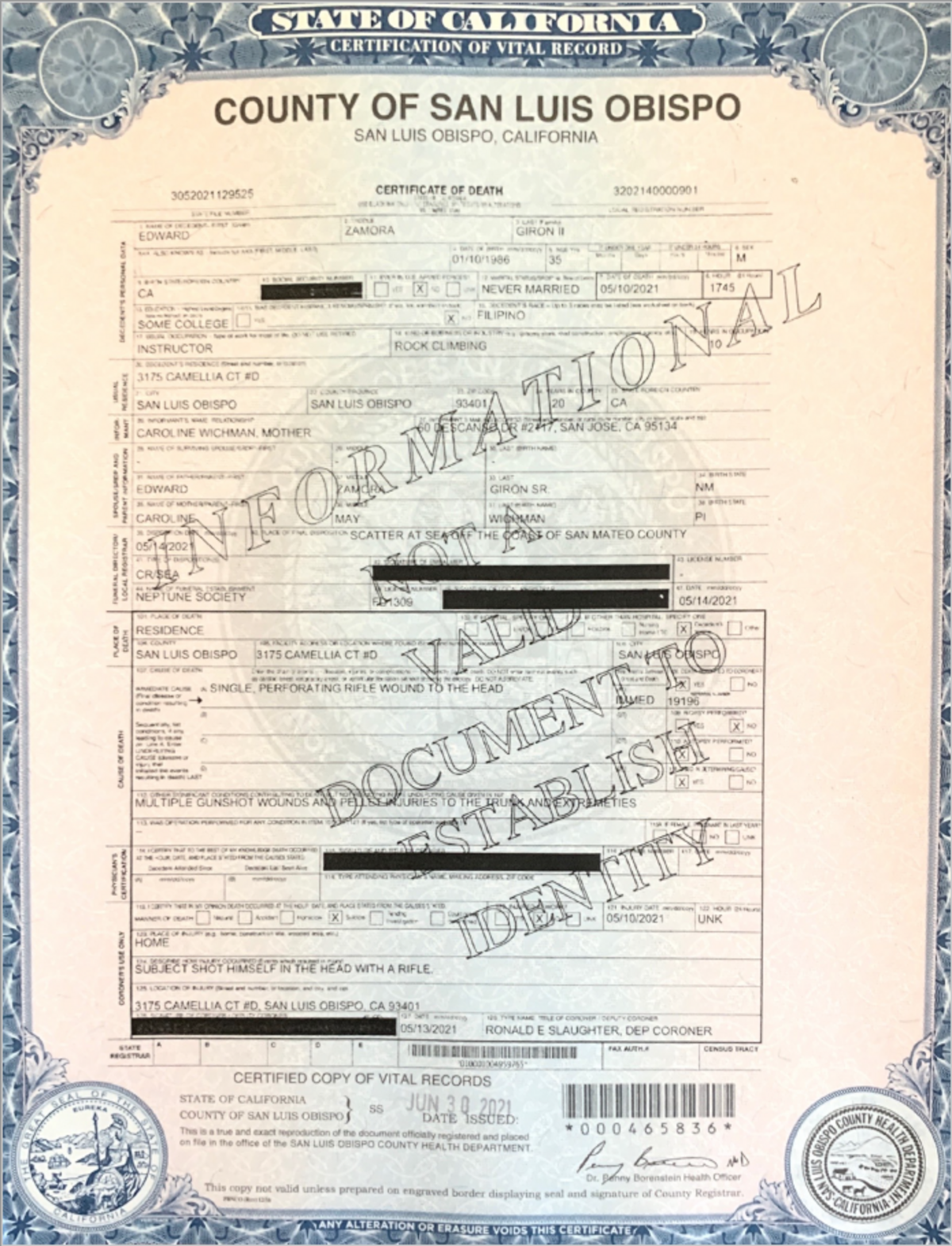 An informational copy of the death certificate for Edward Giron says Giron “shot himself in the head with a rifle.”