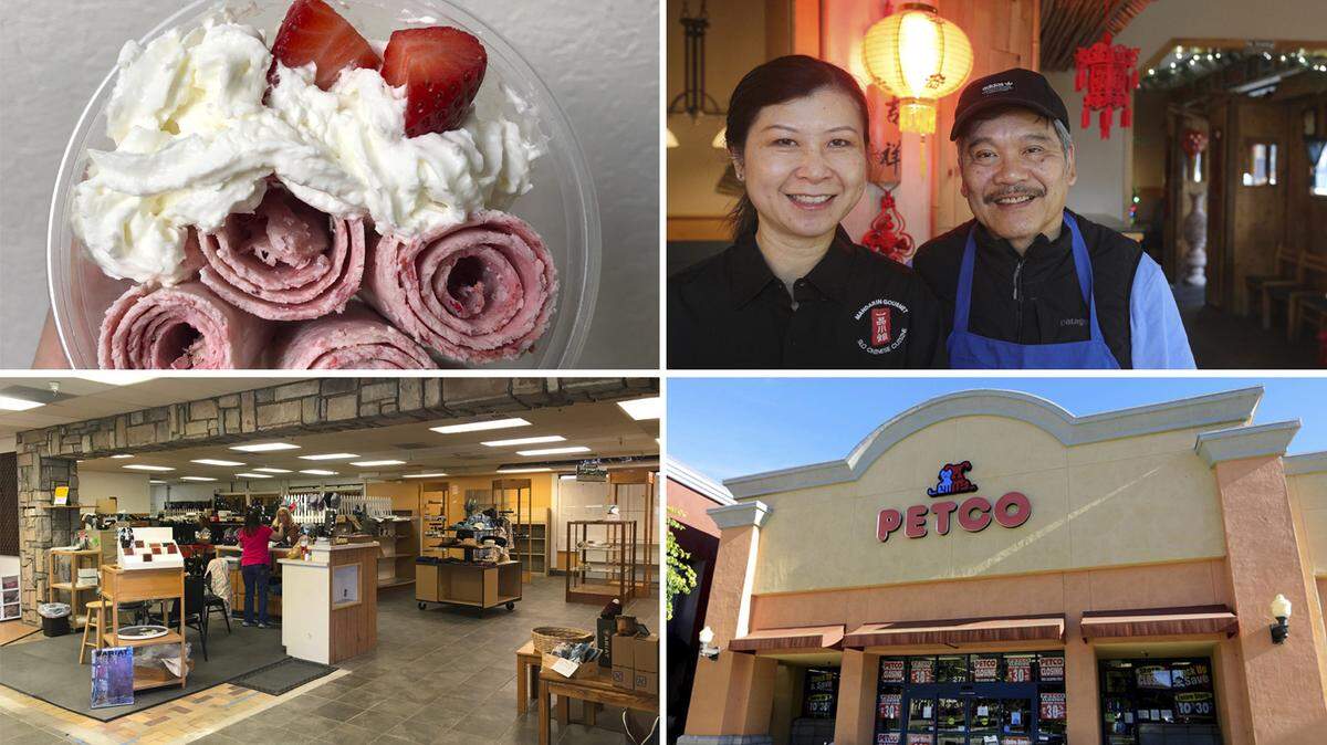 Among the businesses that closed in San Luis Obispo County in 2021 were, clockwise from top left: the Rolld ice cream shop, Mandarin Gourmet, Petco and Whitehorse Tack.