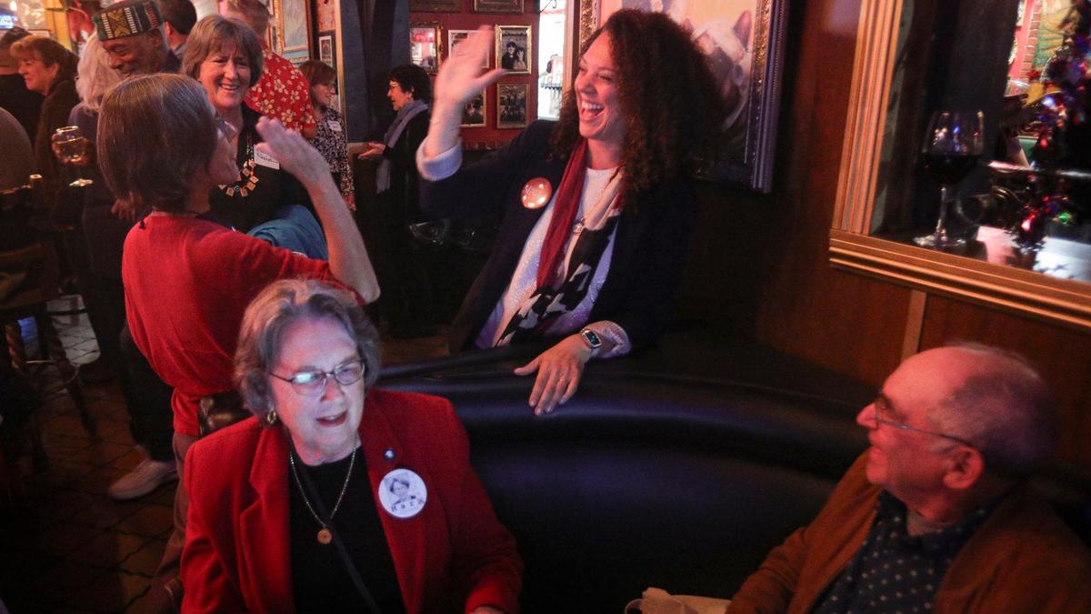 Mayor Erica A. Stewart, Councilmember Jan Marx and Cal Poly professor Mike Boswell attended an Election Night party hosted by the SLO Dems at Benny’s Pizza Palace and Social Club on Nov. 5, 2024.