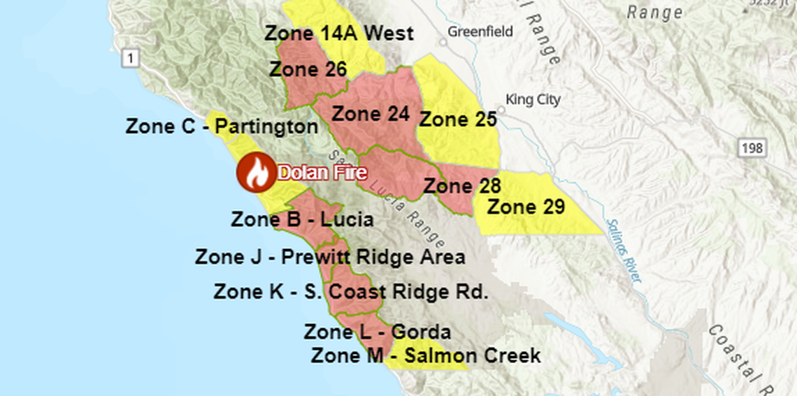 Evacuation orders have been issued in Gorda, S. Coast Ridge, Prewitt Ridge, Lucia, Zone 28, Sone 24 and Zone 26 in Monterey County due to the Dolan Fire.