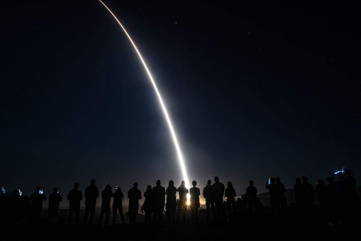 An Air Force Global Strike Command unarmed Minuteman III intercontinental ballistic missile launches during an operational test at 1:13 a.m. Wednesday, Sept. 7, 2022, at Vandenberg Space Force Base near Lompoc.