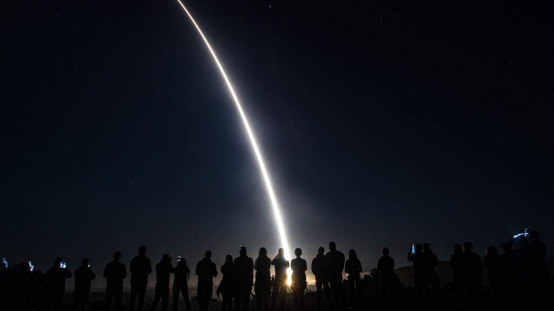 An Air Force Global Strike Command unarmed Minuteman III intercontinental ballistic missile launches during an operational test on Sept. 7, 2022, at Vandenberg Space Force Base in California.