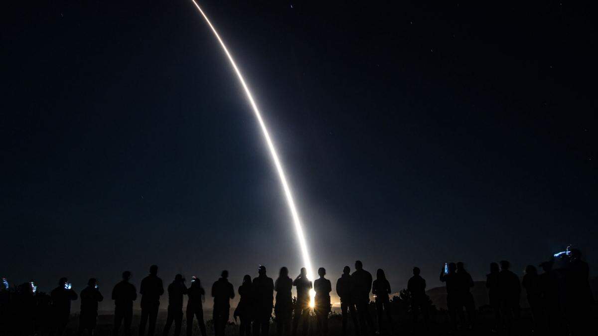 An Air Force Global Strike Command unarmed Minuteman III intercontinental ballistic missile launches during an operational test on Sept. 7, 2022, at Vandenberg Space Force Base in California.