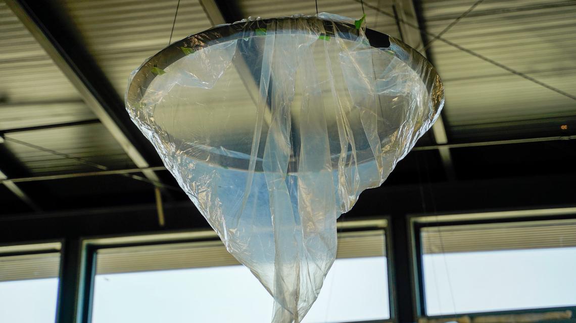 A newly-installed light fixture hangs from the ceiling of Sextant Wines’ new tasting room on Aug. 24, 2024. The tasting room will serve pinot noir and Chardonnay wines made under the Windemere label, along with other California specialties.