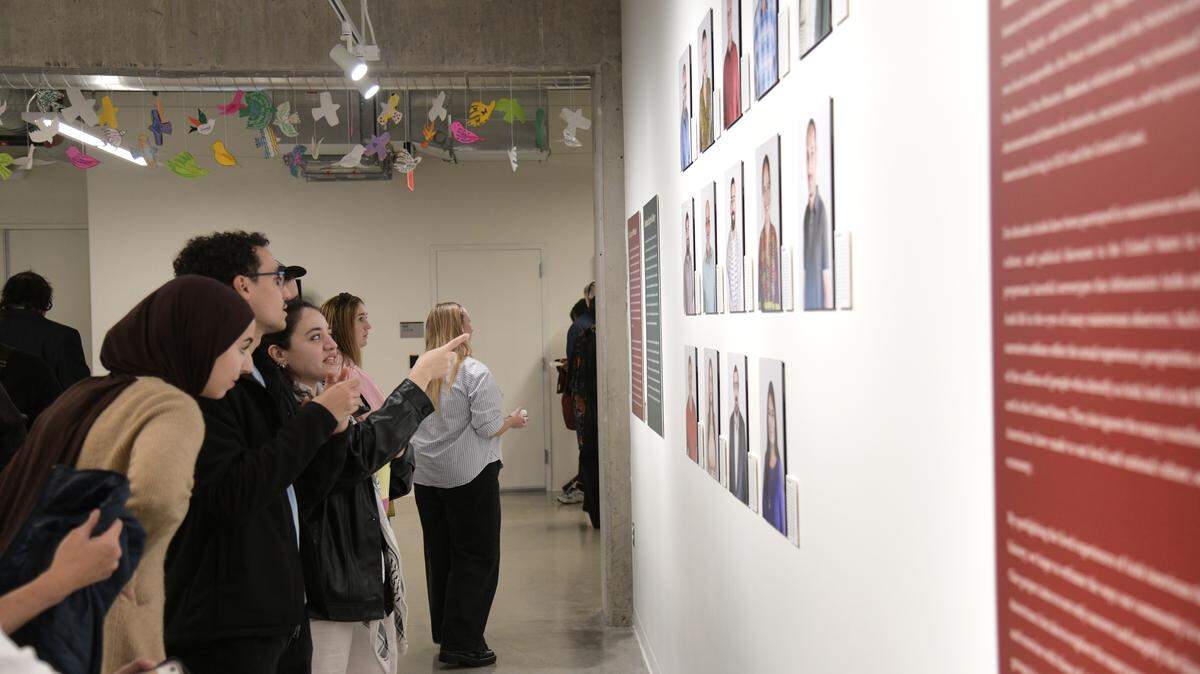 People attend the opening event for the Mawtini installation at Cal Poly’s Kennedy Library, which honors the oral histories of Arab Americans in SLO. It officially launched on Jan. 24, 2026, and will remain through March 20.