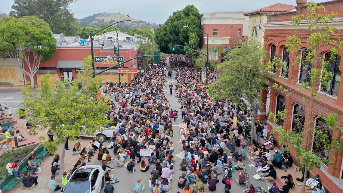 A drone shot shows the San Luis Obispo Black Lives Matter protest on June 4, 2020, from above Monterey Street.