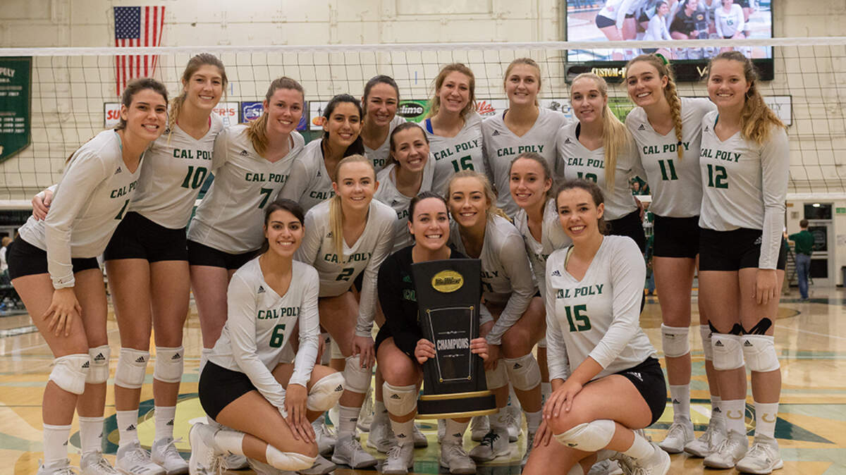 The Cal Poly volleyball team celebrates its second consecutive Big West Conference championship following its victory over UC Riverside.