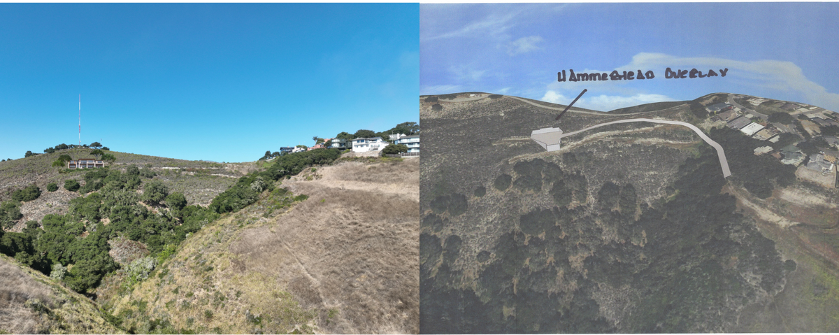 Side by side renderings of the hammerhead turnaround to be built on the Longview Project site. On the left is the architect’s rendering and on the right is Save the Canyon’s rendering that they produced by looking at project plans on a County computer.