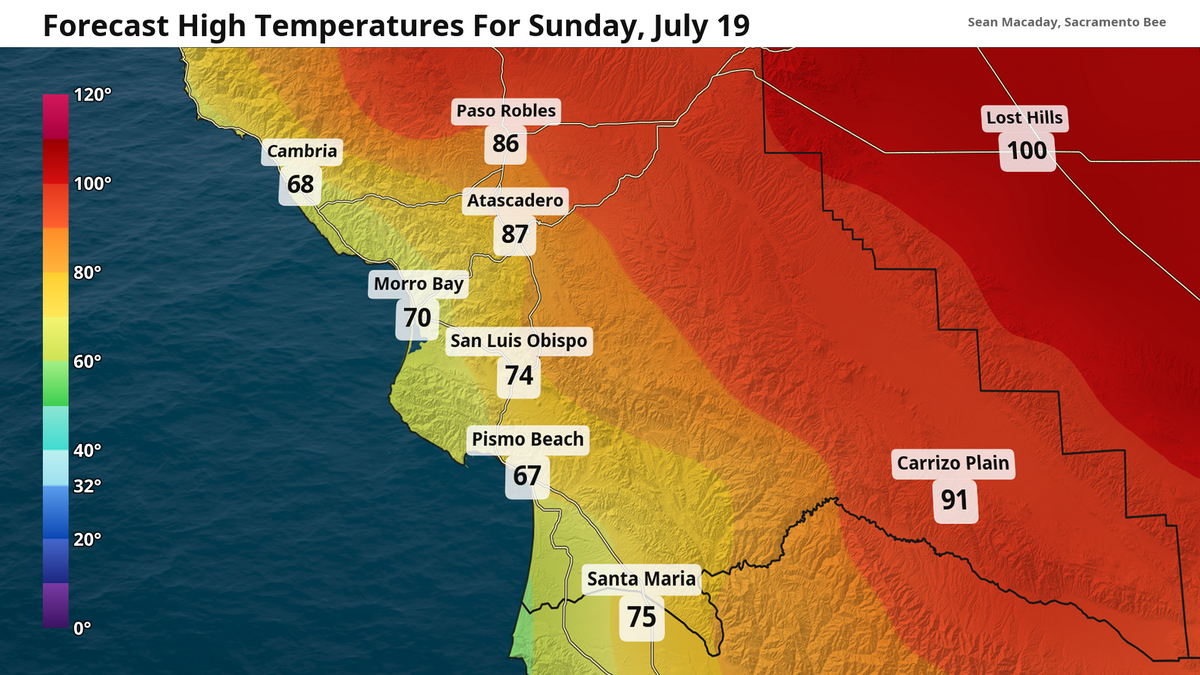Forecast high temperatures for Sunday, July 19