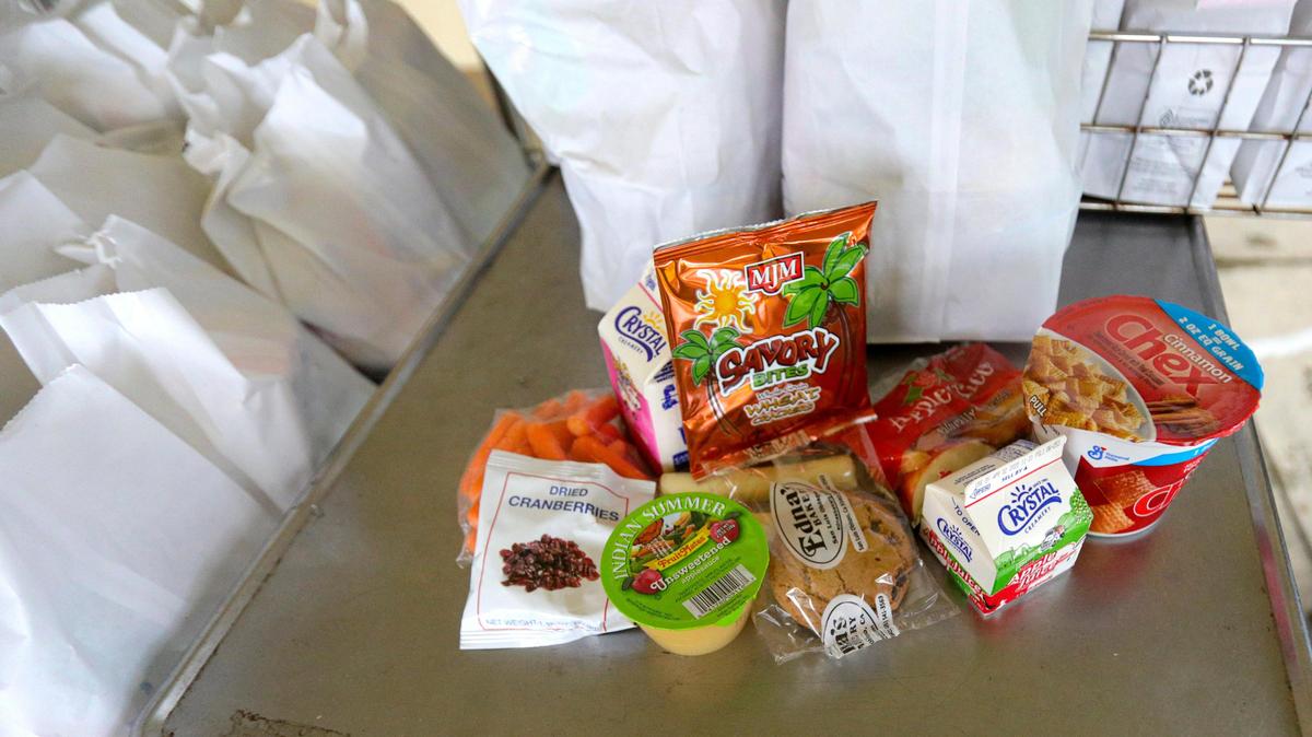 A breakfast/lunch combination meal offered for pickup at San Luis Coastal schools on Monday included cereal, fruit, milk and other snacks. Districts throughout the county are offering meal pickups for children as coronavirus closed schools.