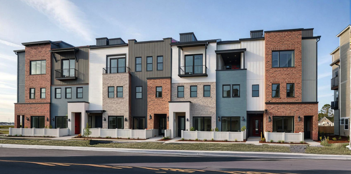 The Solstice project from applicant Brad Foote and developer Coastal Community Builders is planned to bring 28 townhomes and a pair of mixed-use commercial buildings to 359 Front St. in Grover Beach. This concept art shows one of five proposed design styles for the project.