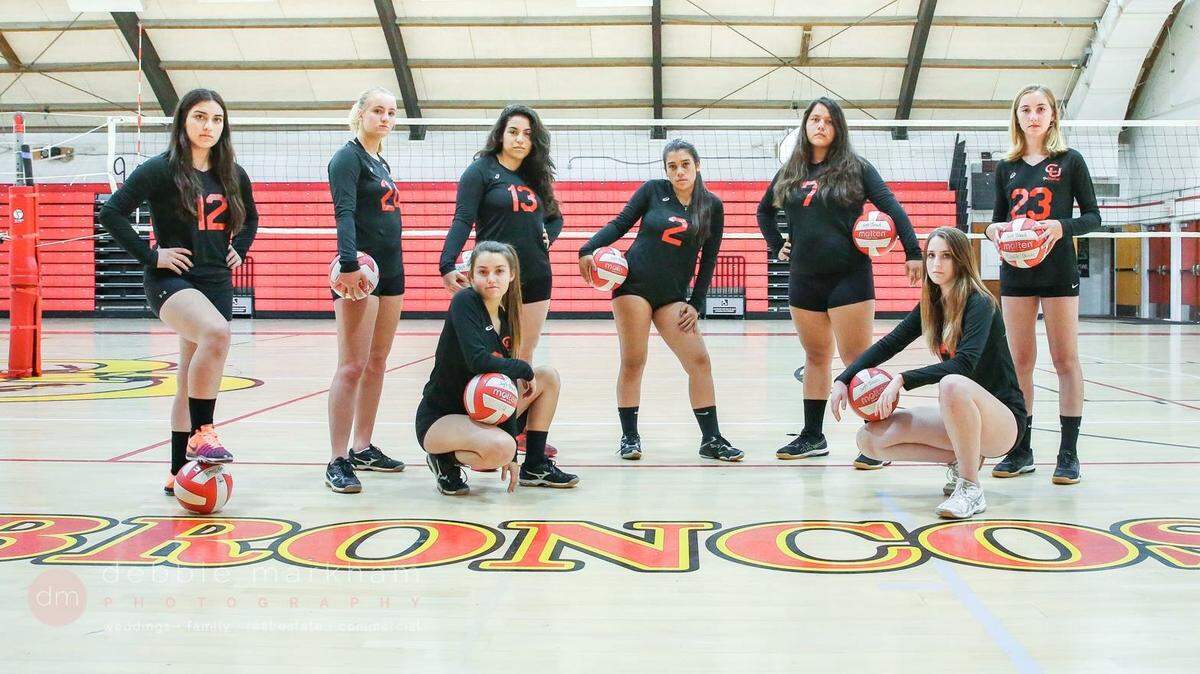 Coast Union High School’s volleyball team. Pictured are, left to right, back row: Ailyn Casas, Ellie Kennedy, Hayley Zinn, Angelique Gutierrez, Serina Valenzuela, Lisi Happel. Front row, left to right: Riley Volz, Holly McHaffie.