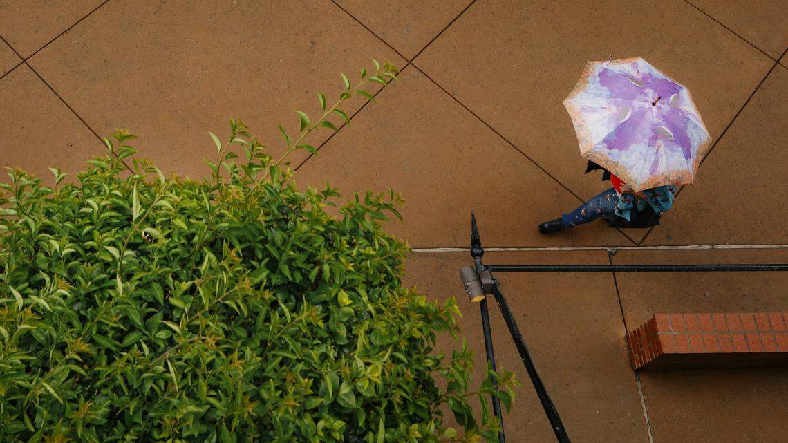 A woman walks past a sign in downtown San Luis Obispo during rain in early March.