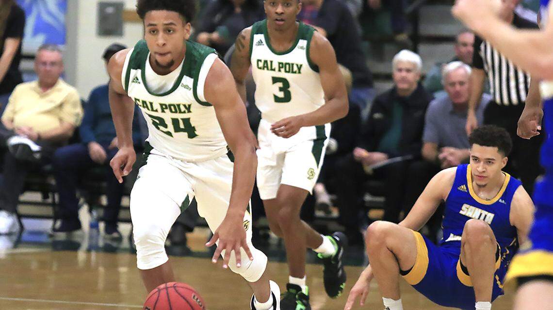 Cal Poly’s (24) Junior Ballard dribbles toward the basket. Cal Poly loses 63-45 to U.C. Santa Barbara at Mott Gym, Wednesday, January 8, 2020.