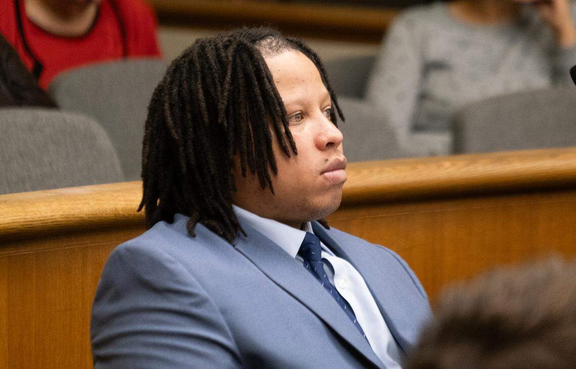 Joshua Murphy listens to opening statements during the trial against him and his co-defendants, Tremaine Jones and Heather Hunt, in San Luis Obispo Superior Court on June 17, 2025. Jones, Murphy and Hunt are accused of conspiring together and sex trafficking a 15-year-old girl. 