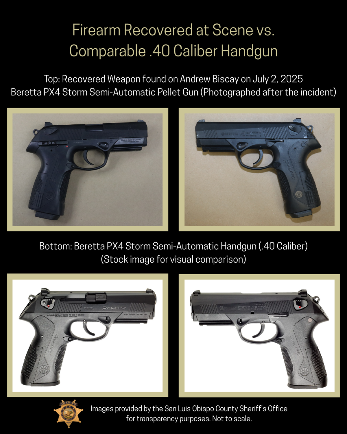 The San Luis Obispo County Sheriff’s Office show photos of Andrew Biscay’s pellet gun compared with a semi-automatic handgun. Biscay, a 40-year-old Chowchilla resident, was shot and killed by deputies on July 2, 2025.