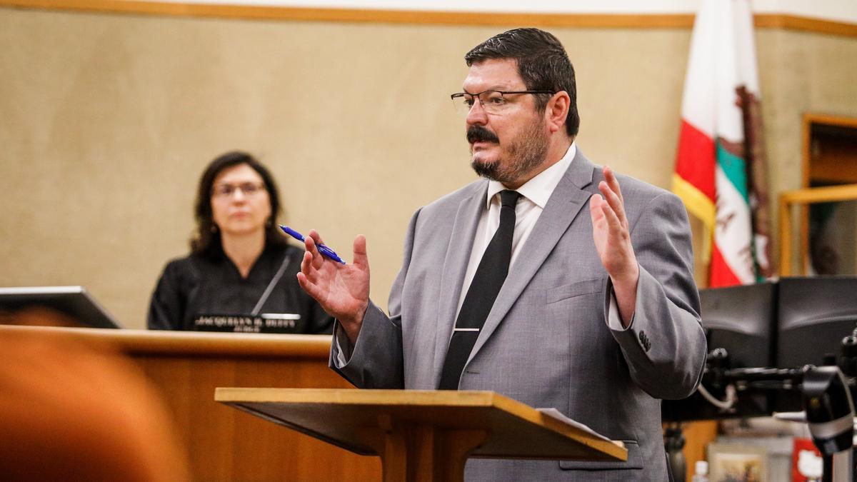 Defense attorney Trace Milan makes his opening statement in the attempted murder trial of Jim Pinedo, 38, of San Miguel, who is accused of shooting his girlfriend in the neck on Oct. 2, 2017.