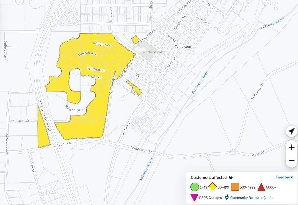 A PG&E outage map showed scattered outages in portions of Templeton following reports of a downed power line, a fallen tree and a damaged utility pole near Lincoln Avenue and Finch Street on Sunday, May 17, 2026.
