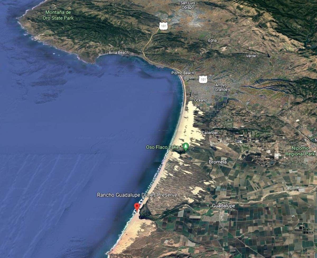 The Rancho Guadalupe Dunes Preserve is seen here on Google Earth at the bottom edge of the map west of Guadalupe.