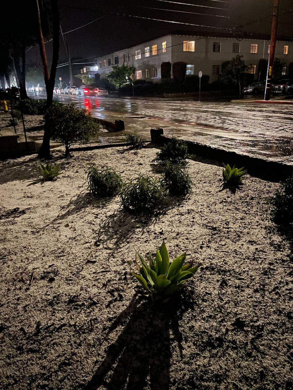A downtown Santa Barbara street is covered in hail Wednesday night.