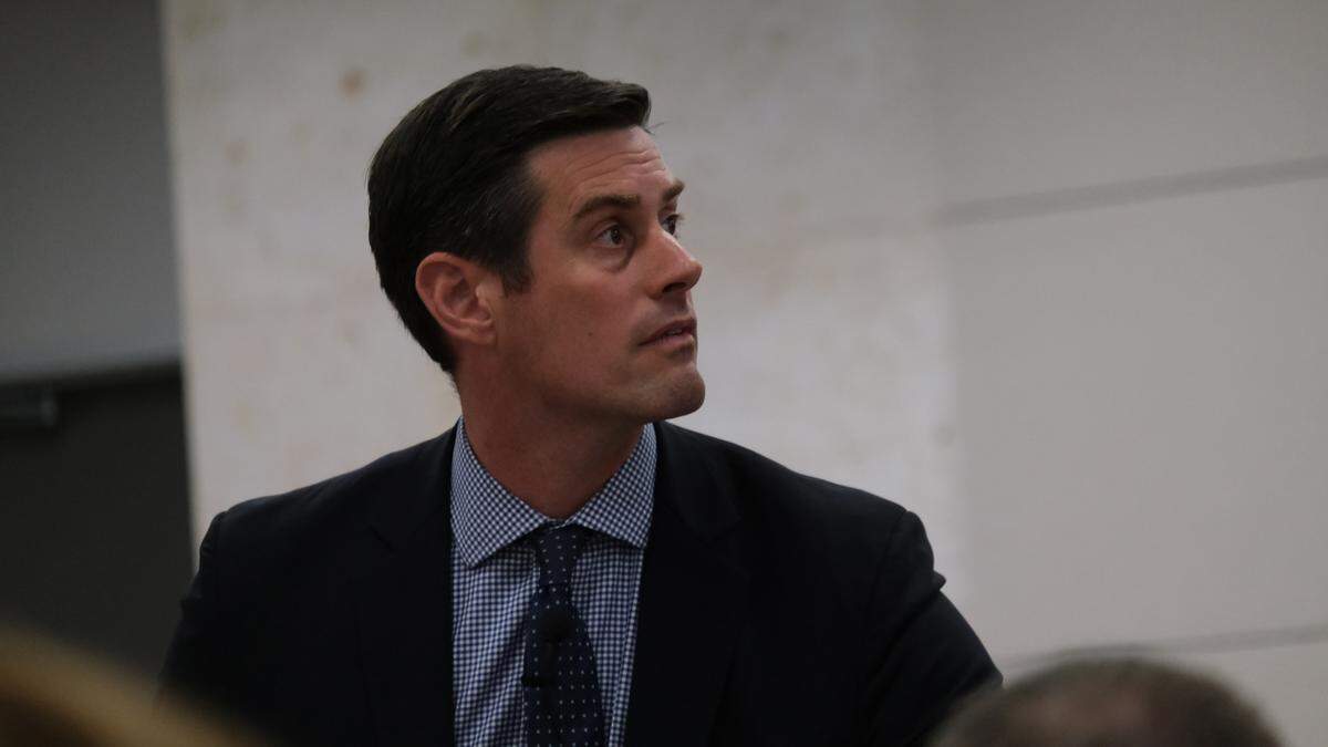 San Luis Obispo County Deputy District Attorney Chris Peuvrelle argues the case against Paul and Ruben Flores, who are charged in connection with the 1996 murder of Kristin Smart, at Monterey County Superior Court in Salinas on Sept. 8, 2022.